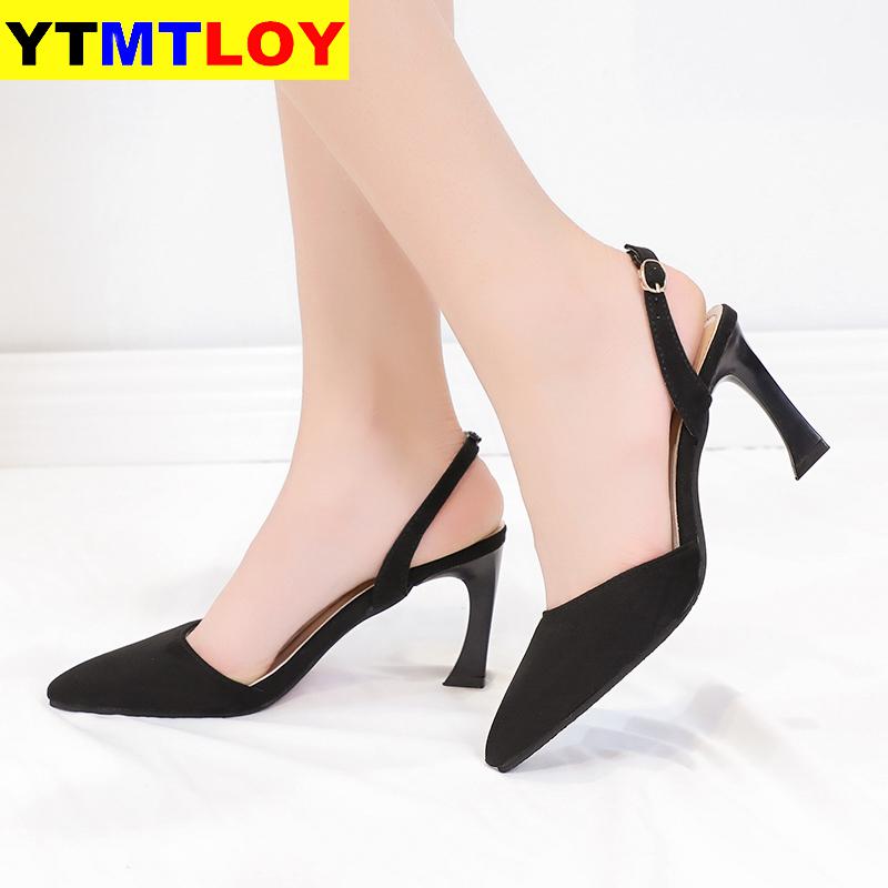 Sko kvinde spring 6cm tynde høje hæle slingbacks kvindelige spidse tå solid flock damesko kontor dame sandaler