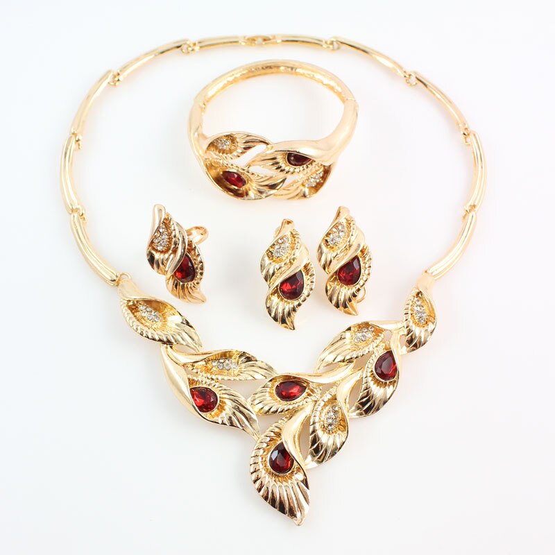 Gold Farbe Schmuck Sets Blätter Form African Kostüm Halskette Set Frauen Braut-accessoires: red