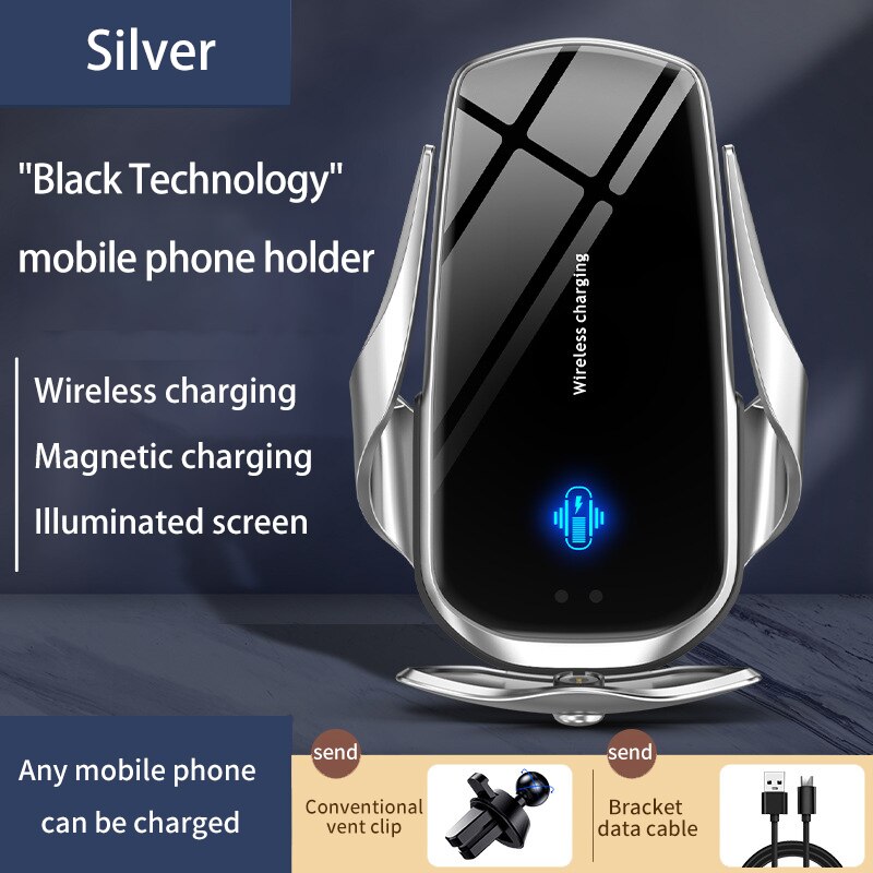 Automatische Spannen Auto Draadloze Snel Opladen Mobiele Telefoon Houder Magnetische Universele Infrarood Sensor Draadloze Oplader: Silver