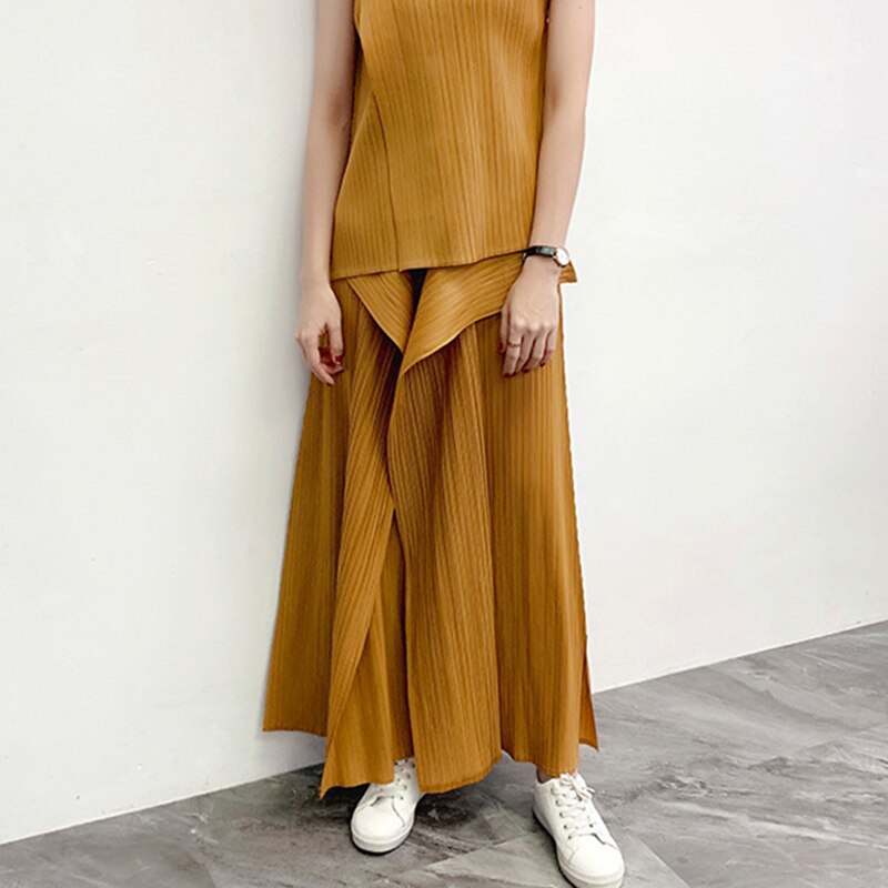 CHICEVER-Pantalones lisos de cintura alta para mujer, pantalón informal, liso de talla grande, fruncido, de pierna ancha, ropa de , estilo: Yellow