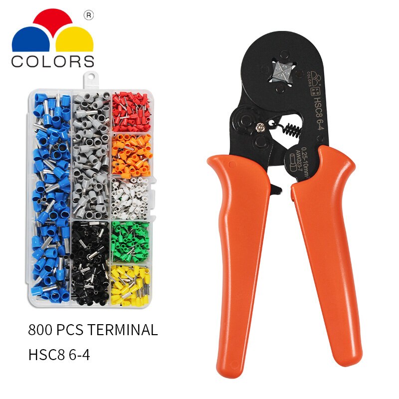 Crimper Plier Set 0.25-10mm2 self-adjustable ratchat wire crimping tool with 1200 Wire Terminal Crimp Connector Insulated: HSC8 6-4 800PCS