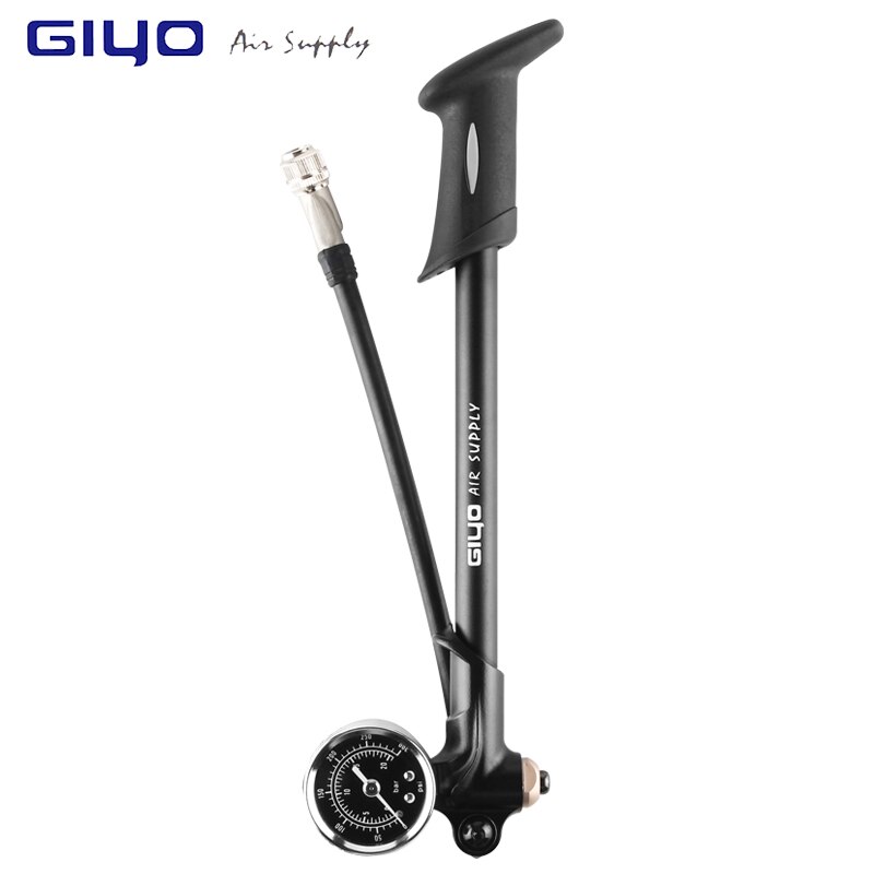 Giyo foldbar 300 psi lufttilførsel inflator cykel luftstødpumpe med håndtag og måler til gaffel & baghjulsophæng mountainbike: Sort-giyo