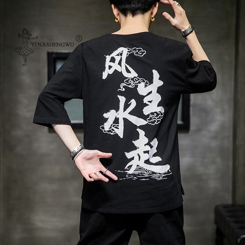 Japanska män kort halvärmad kimonoskjorta t-shirt broderad japan harajuku byxa asiatisk manlig yukata haori koftadräkt