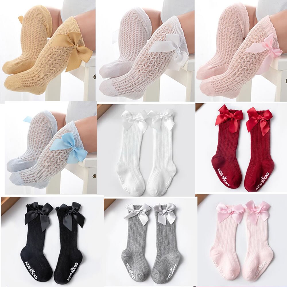Calcetines altos hasta la rodilla para niños, medias cortas de encaje con lazo, accesorio de princesa