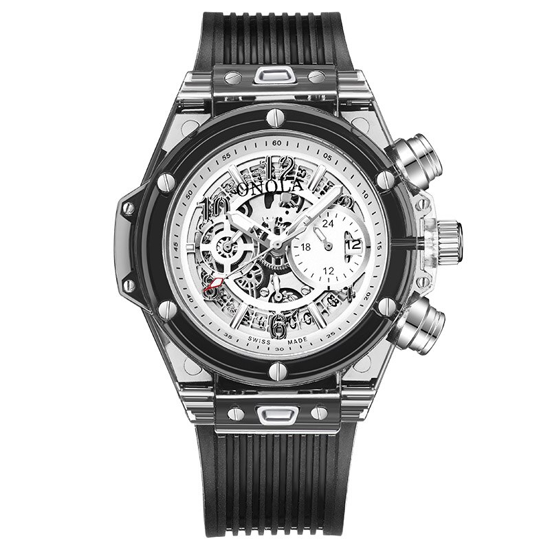 ONOLA transparent Kunststoff Uhr mann frauen Chronograph lässig herkunft Quarz armbanduhr männlichen einzigartige Relogio masculino: an6812 Schwarz Weiß