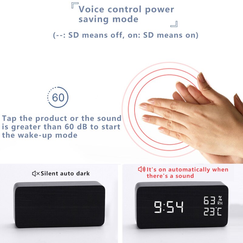 Alarm Clock LED Wooden Watch Table Voice Control USB/AAA Powered Digital Desktop Clocks Home Decor