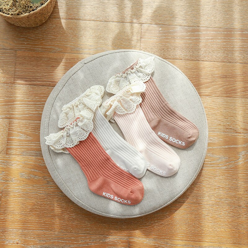 8 Kleuren Baby Knie Sokken Lace Edge Schroefdraad Kid Sokken Verticale Strepen Zachte Ademende Buis Sokken Antislip Voet sox 0-3Y Meisjes