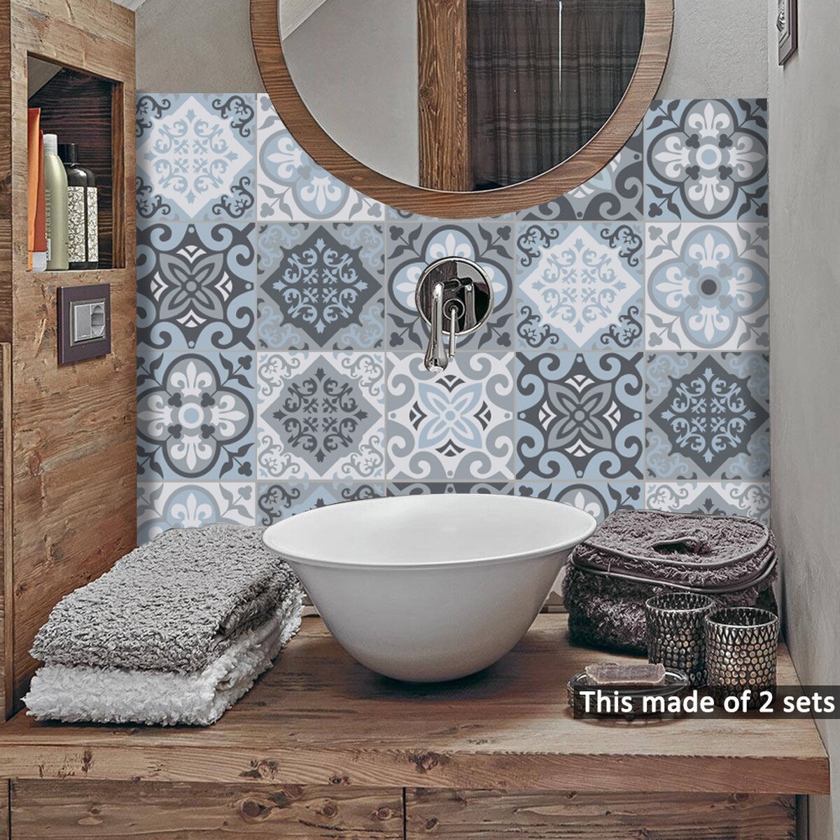 10Pcs Mediterranean Blue Geometric Tile Stickers Bathroom Kitchen Home Anti-skid Wall Stickers DIY Stickers Wallpaper