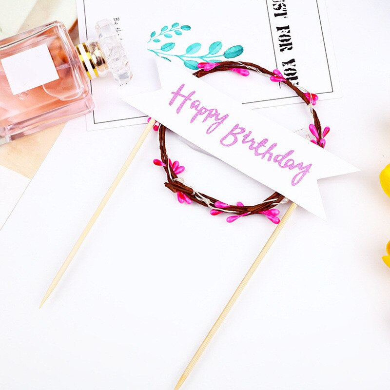 LED Glowing Flower Wreath Cake Topper Happy Birthday Cake Decor for Birthday Party Gold Leaves Cake Toppers: A