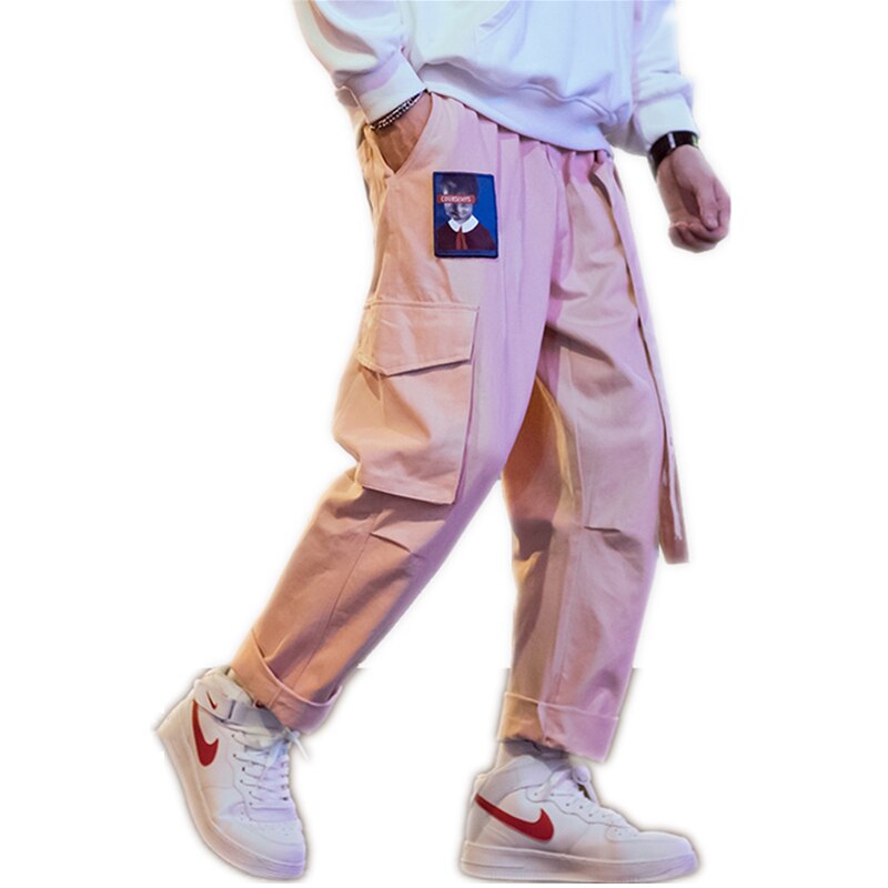 2021 nowa, w stylu Streetwear Hip Hop Cargo spodnie mężczyźni i kobiety wstążka wyszywane litery japońskie spodnie do biegania Casual Harem Pants Pink