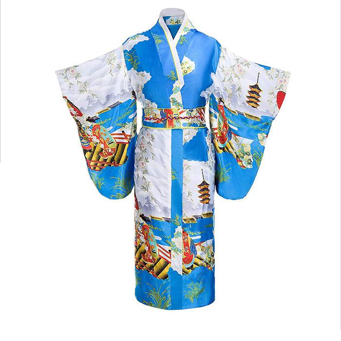 Kimono tradicional japonés de talla grande para mujer, ropa Vintage, novedad clásica, disfraz de Cosplay, ropa de actuación suave de manga larga: Blue A