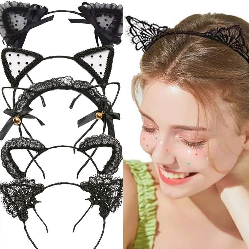 Women Sexy Black Cat Ears Head Bezel Lace Lady Hairband Cosplay Headwear Headband Girl Birthday Party Hair Accessories