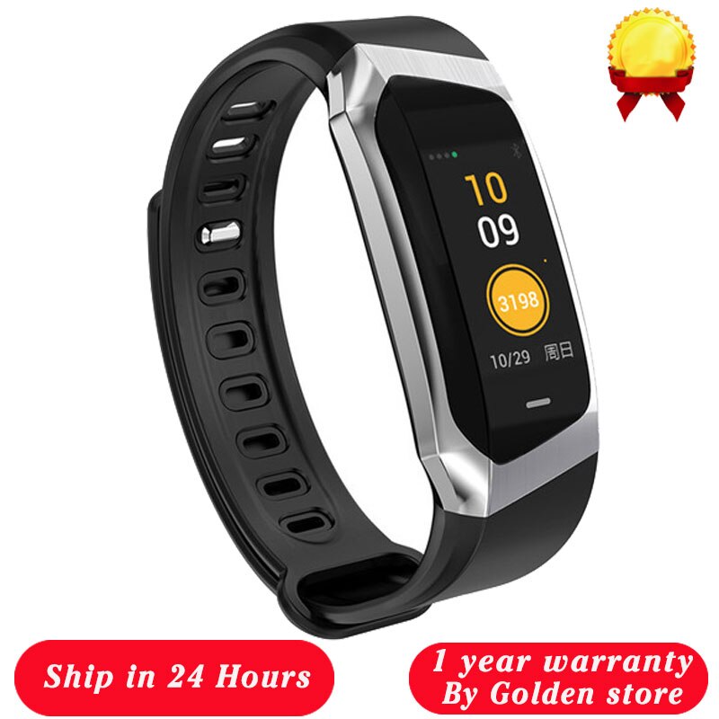 E18 smart band farve berøringsskærm tryk pulsmåler sport armbånd  ip67 vandtæt fitness tracker smart armbånd: Sort sølv