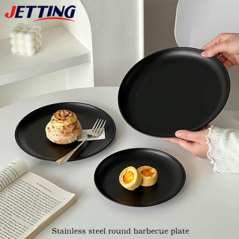 Schwarzer Dessertteller aus Edelstahl für Schmuck, zum Nachmittagstee, Kuchen, Servieren, Wohnzimmer, Obstteller