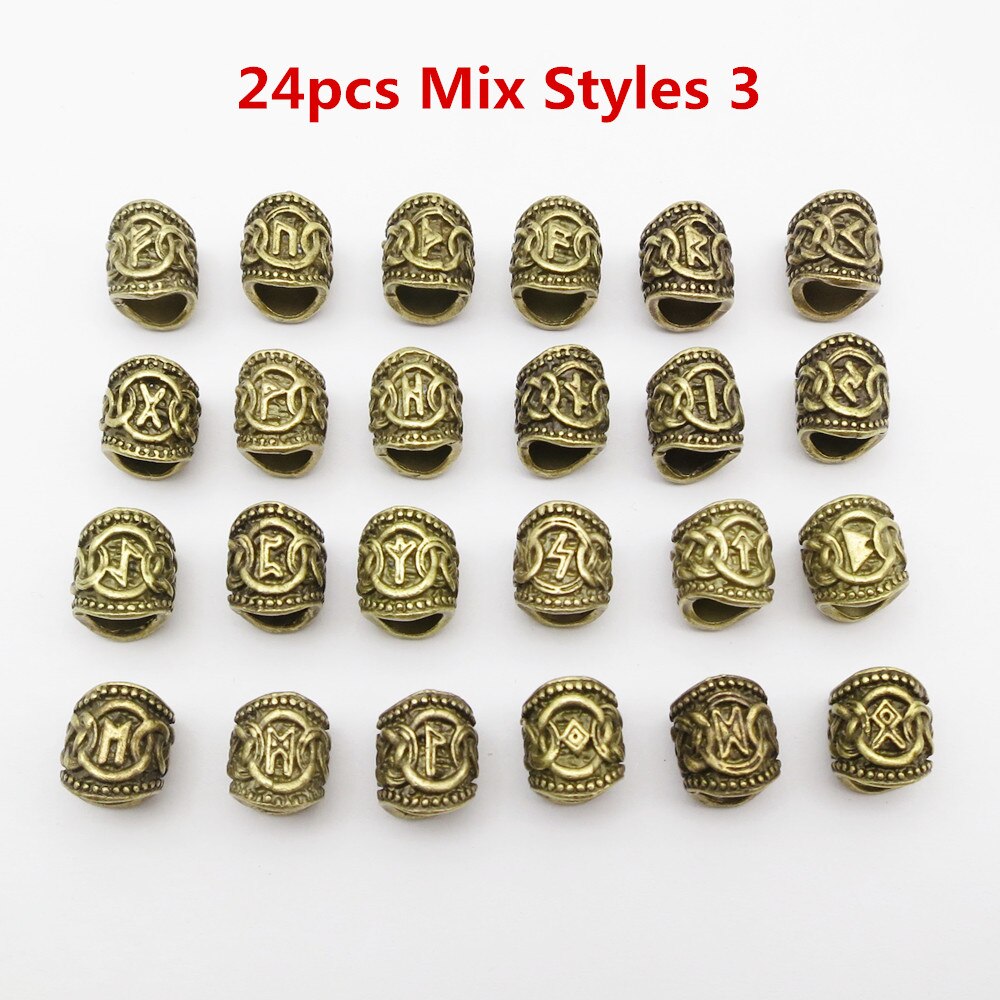 24 stk blanding sølv hår flette skjegg dreadlock perler ringer tube viking runemønster for hårstyling tilbehør: 24 stk miks stiler 3