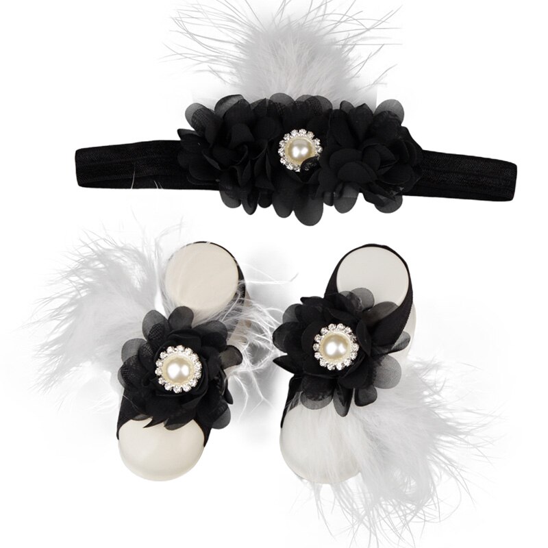 Schattige babymeisjes bloemen sandaal hoofdband elastische haarband & peuter blotevoeten sandalen 1 paar baby foto rekwisieten sets: A7