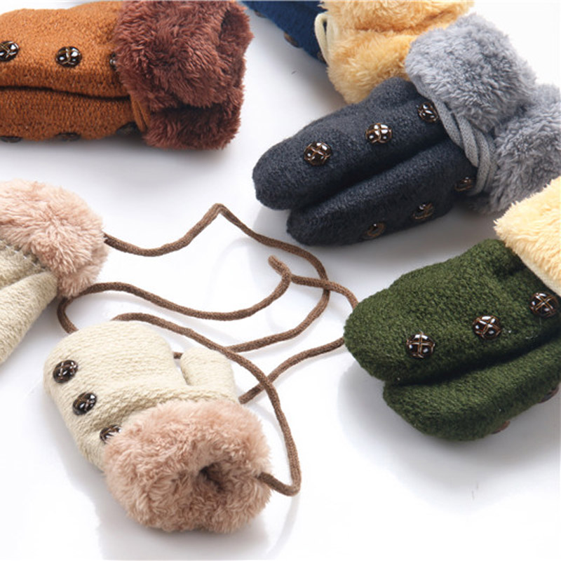 Winter Baby Boys Girls Gloves Full Finger Kids Mittens Warm Acrylic Rope Gloves Children Knitting Solid Button Mittens SA987036