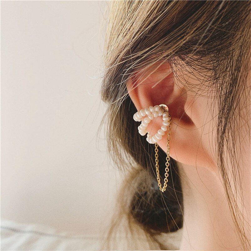 VKME Korean Crystal Butterfly Pearl Chain Stud Earrings For Women Clip On Earring Metal Cuff Earings Jewelry: 4   VK10506