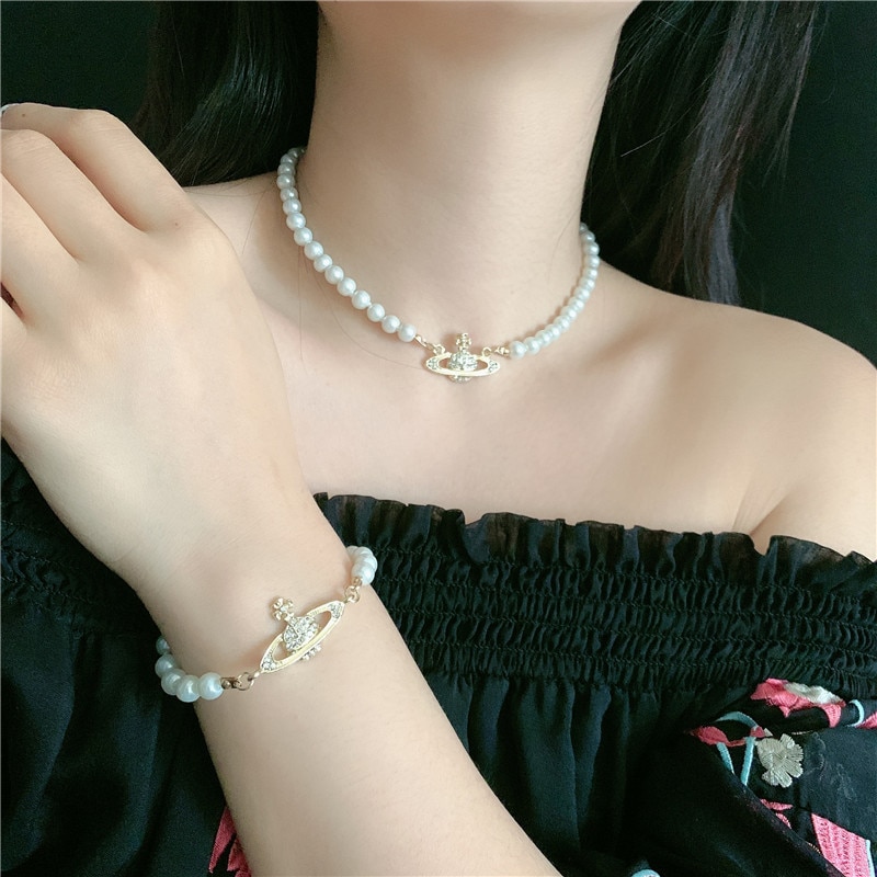 Luxe vintage klassieke saturnus parelketting, vrouwelijke zoetwaterparel, sleutelbeenketting, korte ketting, armband, toa