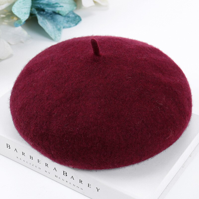 Women Wool Solid Color Beret Female Bonnet Caps Winter All Matched Warm Walking Hat Cap: wine red