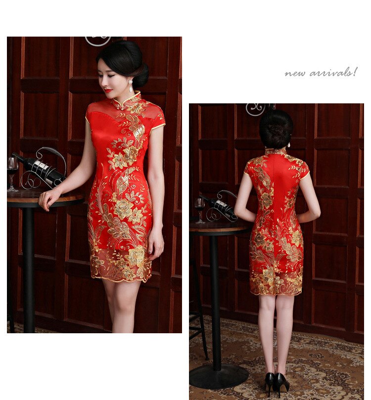 Boda China de encaje qipao rojo bordado tradicional para mujer