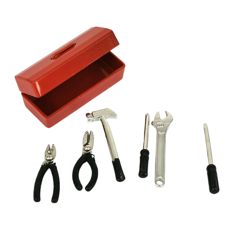 1 set dockhusminiatyrverktygslåda 【verktygslåda +6 verktyg】handgjorda verktygsset modellmöbler tillbehör dockhusdekor leksaker: Vit
