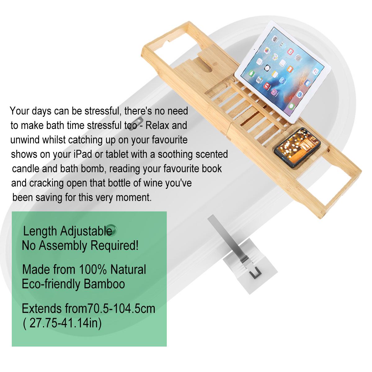 Bathroom Storage Shelf Rack Extendable Bamboo Bath Adjustable 70-104CM Home Spa Food Phone Tablet Bath Tray
