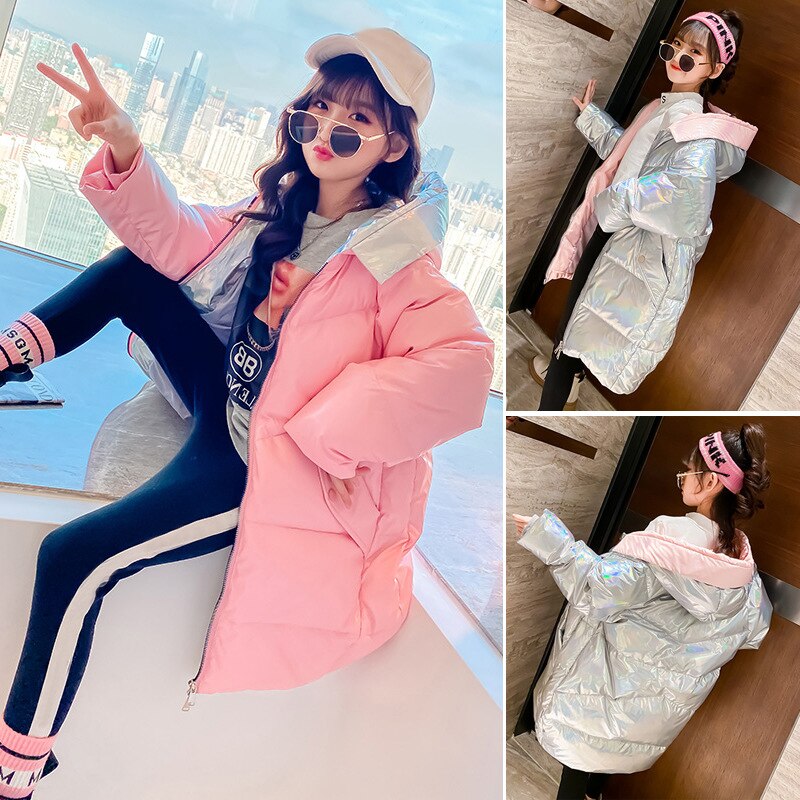 Teenage Meisjes Winter Mid-Lengte Jas Koreaanse Stijl Kinderen Patchwork Kleding Mode Kids Meisjes Casual Jas, #9237