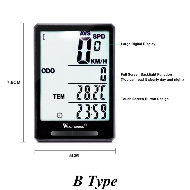 West cycling draadloze fietscomputer waterdichte grote scherm fietscomputer fiets snelheidsmeter kilometerteller led digitaal horloge snelheidsmeter