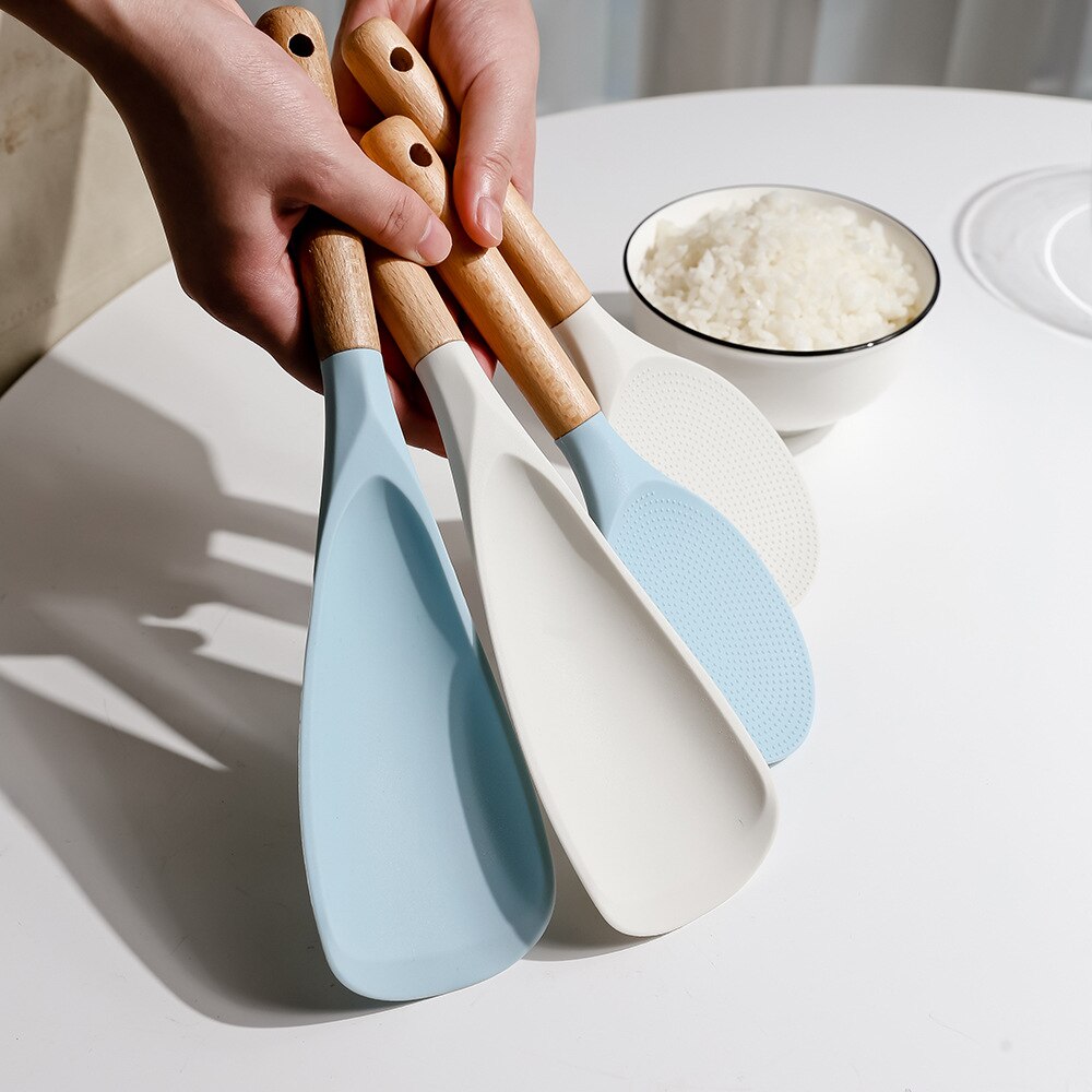 Utensilios de cocina simples de estilo japonés, cuchara de silicona para arroz, cuchara antiadherente, pala para arroz, herramientas con mango de madera ZB643