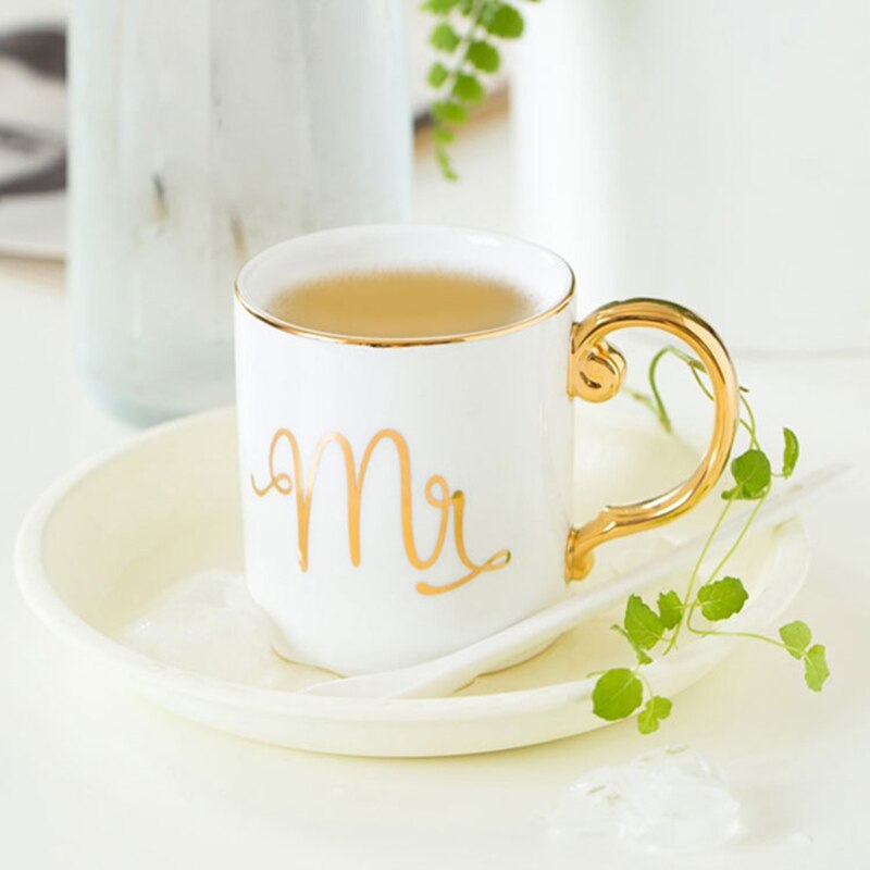 Tasse à café en porcelaine de 350ml, en céramique, couleurs grises, roses, Mr et Mrs, motif blanc, poignée dorée, tasses à thé et lait,