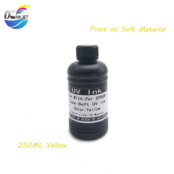 OCINKJET-tinta UV para cabezal de impresión Duro y suave, 250ml, para Epson 1390, 1400, 1410, 1430 W, R280, R290, R330, L800, L180, DX4, DX5, DX6, DX7: Yellow(Soft)