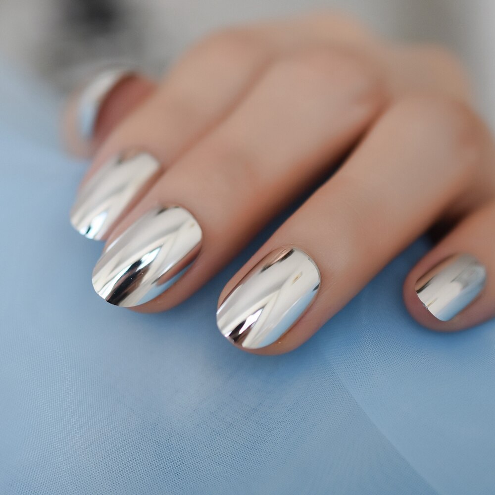 24pcs Zilver Medium Kunstmatige Volledige Gebogen Nail Metal Oval Meisjes Nep Nagels Spiegel Koele Valse Nagel Met Lijm Sticker