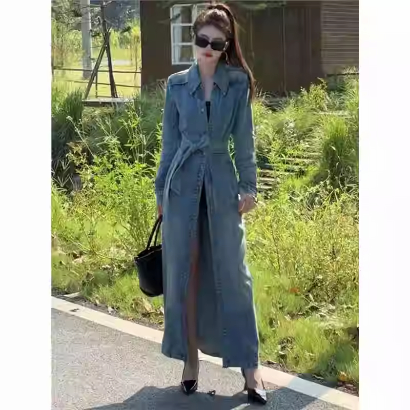 Retro enkeltradet denimjakke med nedhængt krave, lang vindjakke til kvinder, forår og efterår, temperamentsfrakke med snørebånd: Xl