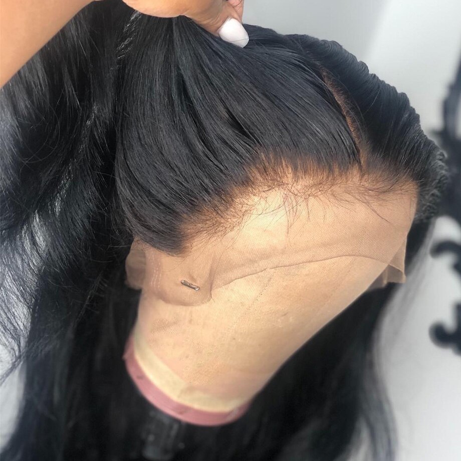 Azeviche Sliky 13*4 Parte Dianteira Do Laço Sintético Perucas de Cabelo Longo e Reto Peruca Estilo de Cabelo Do Bebê Para As Mulheres Negras Das Mulheres Resistente Ao Calor