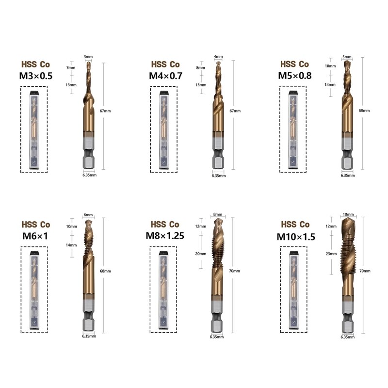 Hex Shank Cobalt Plated Screw Thread Tap Drill Bits Set Compound M3-M10 HSS Screw Thread Metric Tap