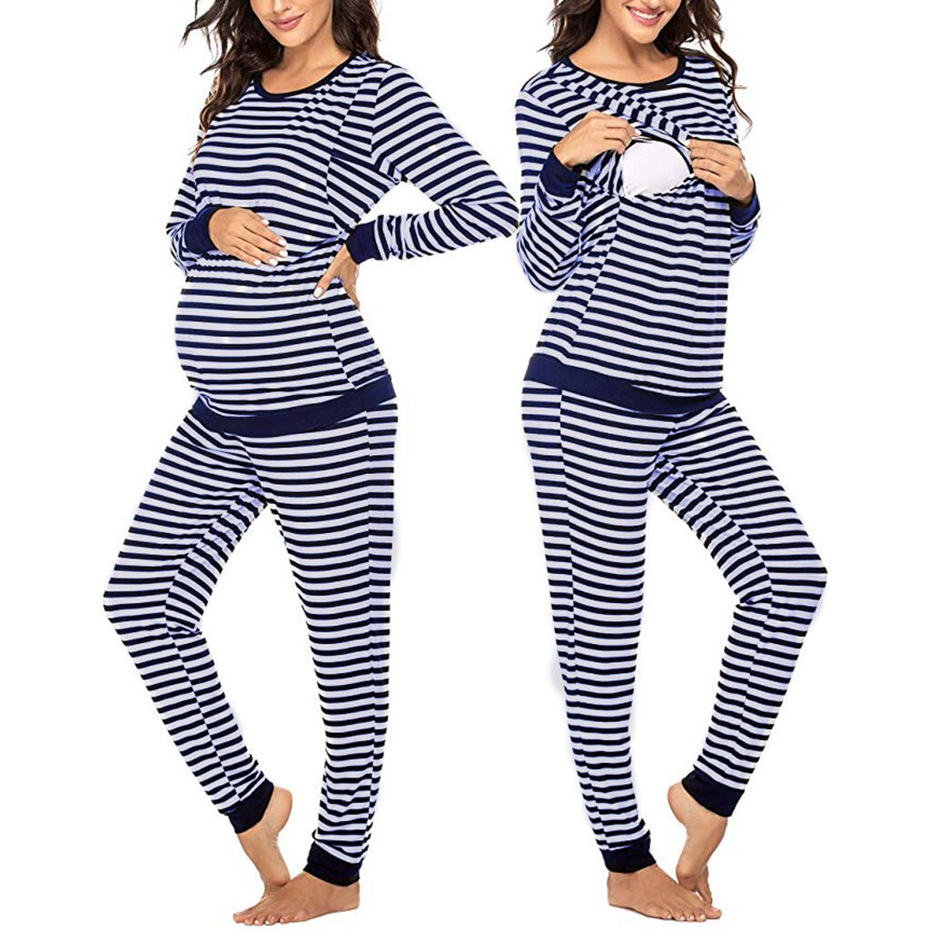 Fall Winter Maternity Nightwear Women Maternity Long Sleeve Nursing T-shirt Tops+Striped Pants Pajamas Set pijama embarazo