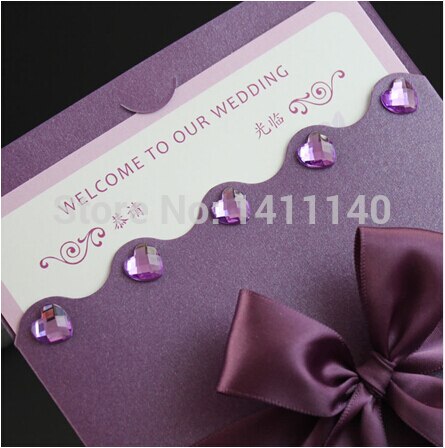 Dark Purple Wedding Invitation Card With Ribbon diamond decor Free Envelops Seal