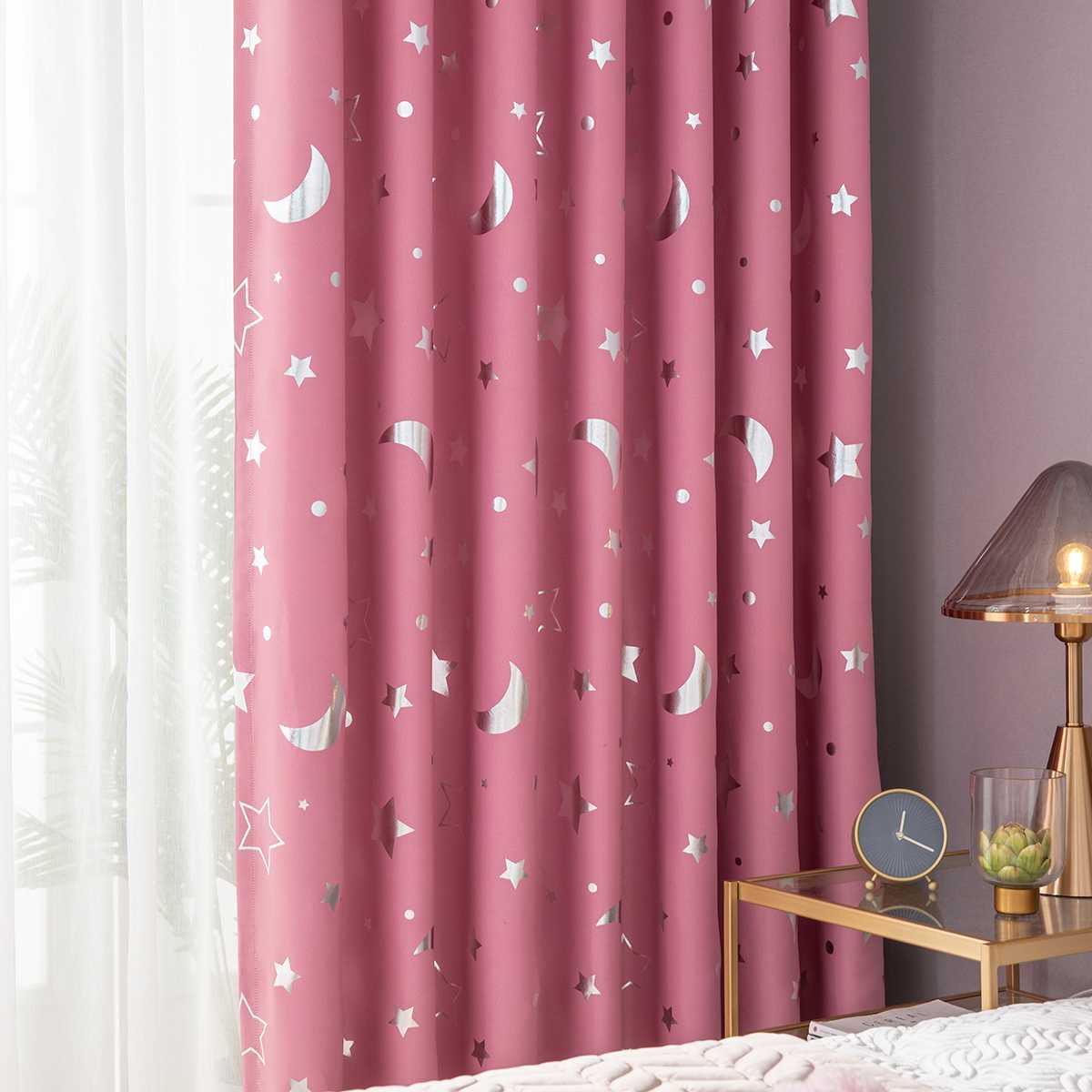 4 Kleuren Shiny Silver Moon Stars Shading Gordijnen Voor Kinderen Kind Slaapkamer Koreaanse Stijl Polyester Gordijnen Voor Woonkamer: Roze / 100x130cm