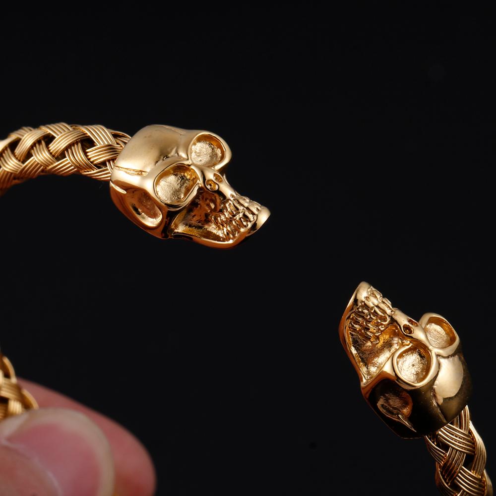 Kalen Double Skull Skull Gold Color Hip Hop Style Stainless Steel Open Bracelet Men's Jewelry