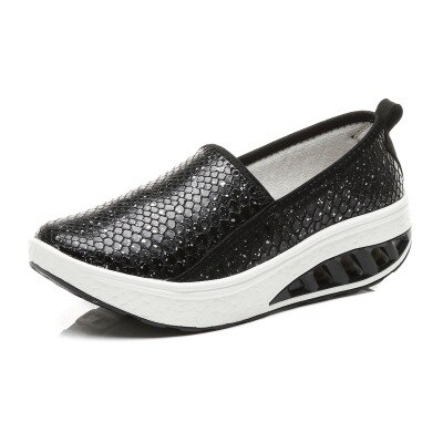 SWYIVY Women Slimming Shoes PU Glossy Wedge Swing Shoes Large Size42 Outdoor Fitness Shoes Lose Weight Lady Toning Shoe: Black / 38