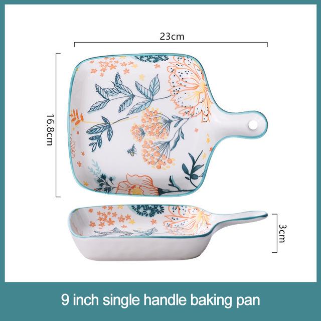 Juego de platos de cerámica para fruta, ensalada, Bol para arroz o sopa, bandeja redonda, vajilla decorativa de porcelana de hueso, platos de cocina: 9 inch handle plate