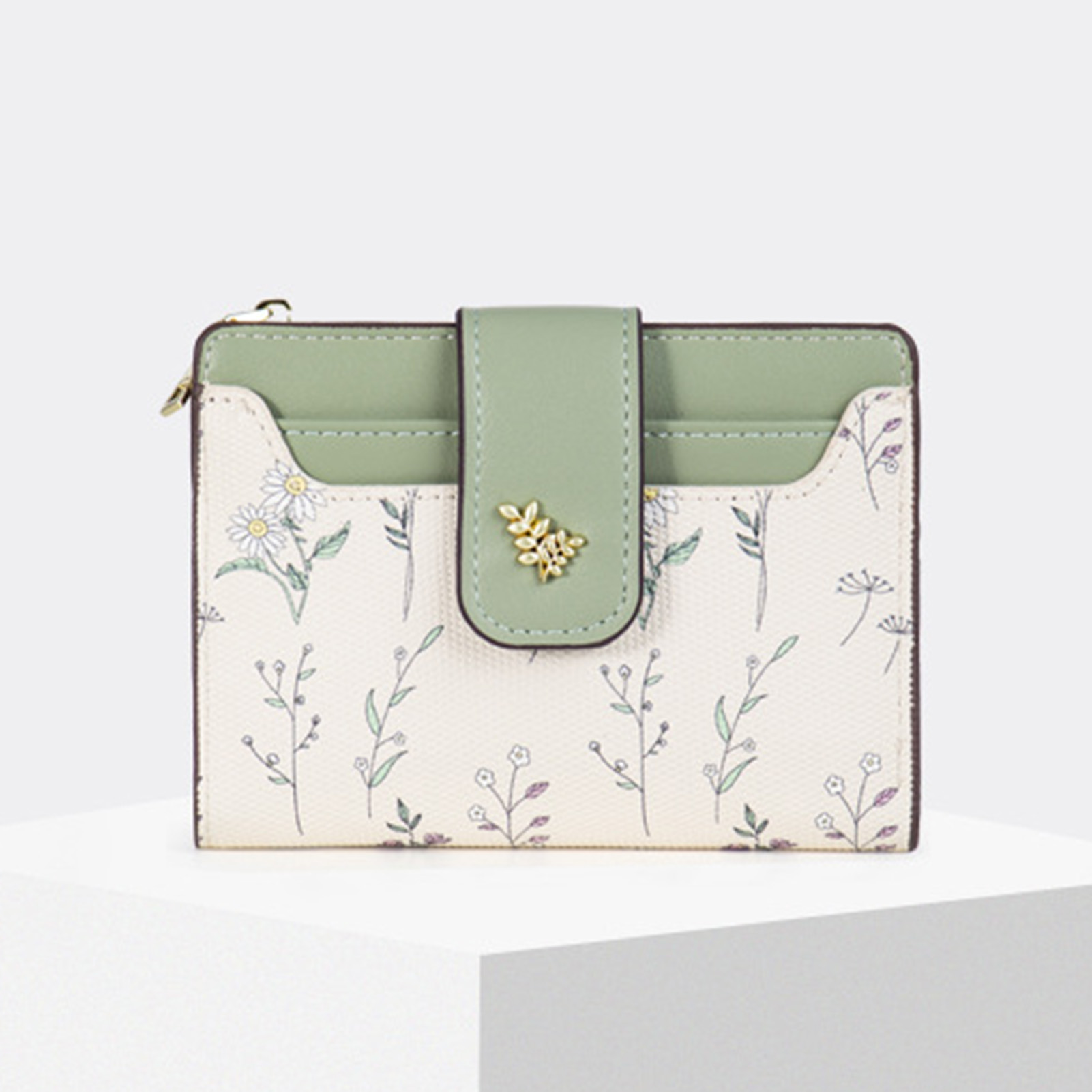 Women Wallets PU Leather Female Coin Purse Flower Printed Multi-Cards Holder Lady Short Slim Wallet Zipper Hasp: green