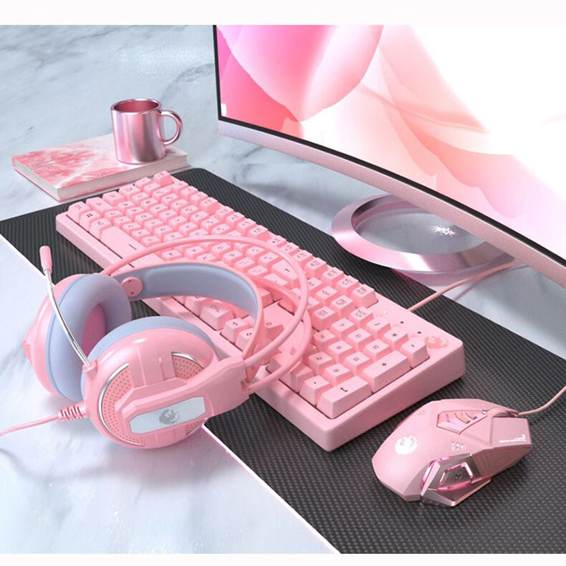 Pink Keyboard Mouse Headset Combos 104 Keys LED Backlit Gaming Keyboard 4800DPI Wired Mice Earphone with Microphons for Desktop