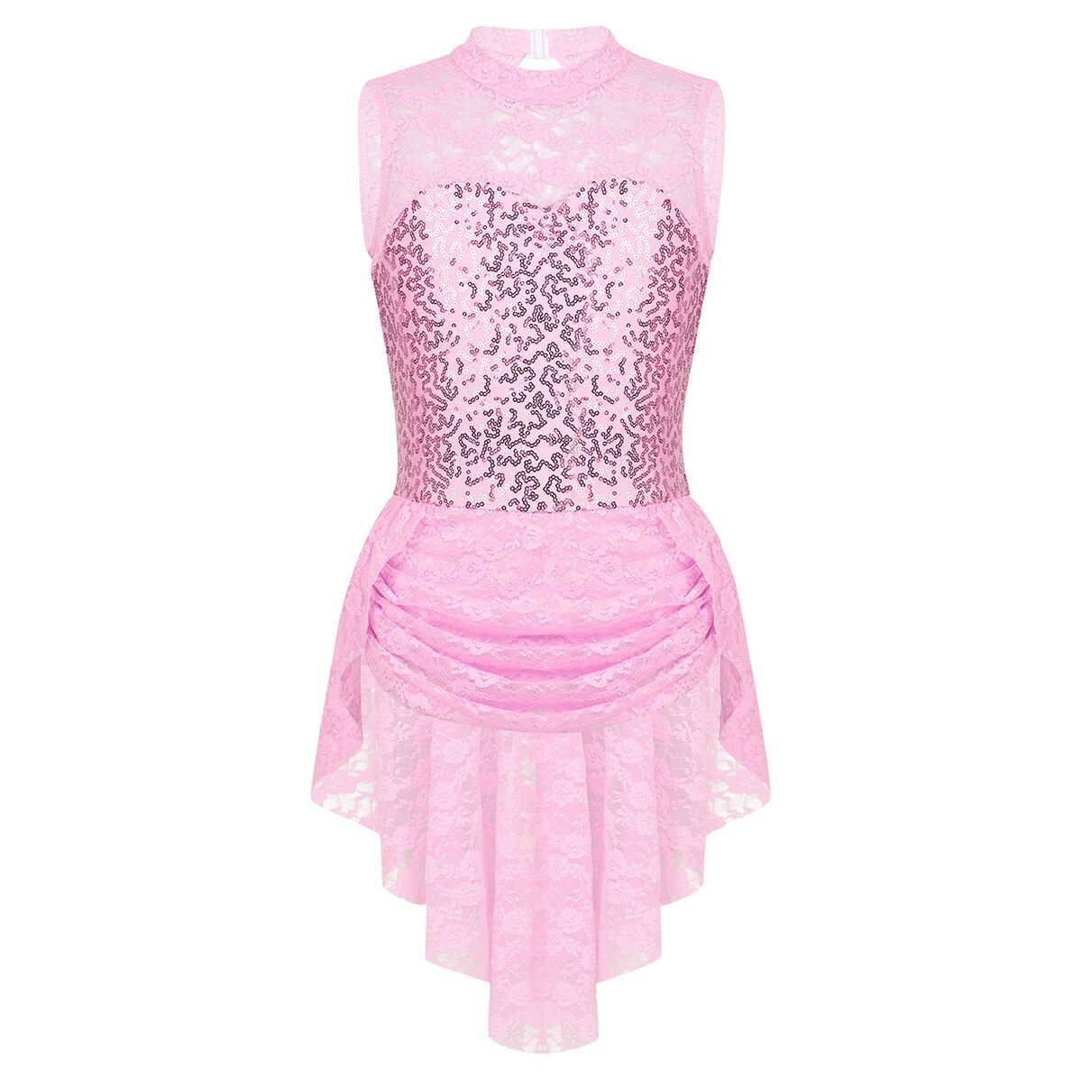 iiniim Kids Girls Sequins Ice Figure Skating Dress Lace Print Gymnastics Leotard Costumes for Teen Ballerina Dance Tutu Dress: Pink / 12
