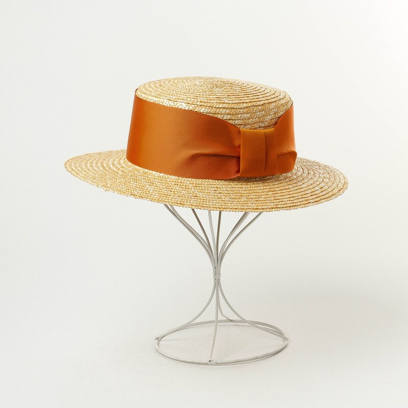100% Wheat Straw Timeless Grosgrain Ribbon Decorated Canotier Boater Flat Top Sun Hat