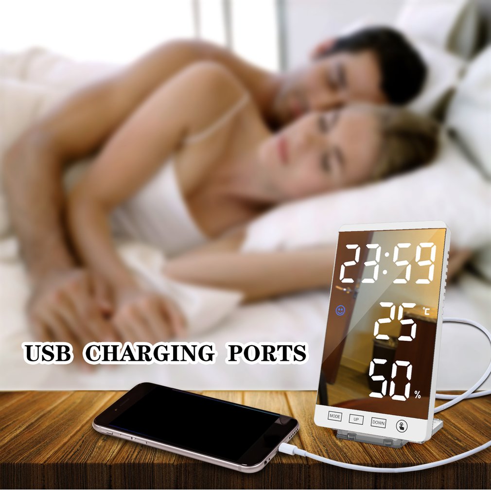 6 Inch LED Mirror Alarm Clock Touch Button Wall Digital Clock Time Temperature Humidity Display USB Output Port Table Clock