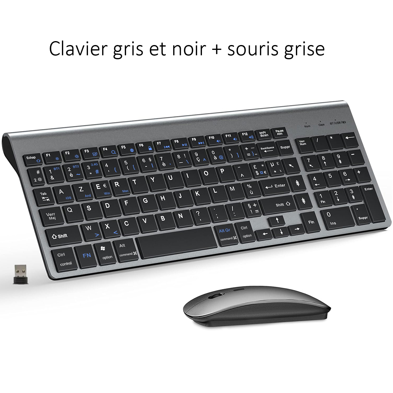 AZERTY-Layout, französische, ultraschlanke Dual-Modus-Bluetooth-Tastatur- und Maus-Kombination mit drei Kanälen für PC, Laptop, Windows, iOS, Mac und Android: Black