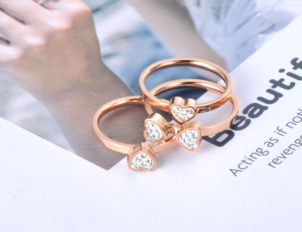 JeeMango Klassieke 3 In 1 Rose Gold CZ Crystal Liefde Hart Bloem Ring Sieraden Rvs Wedding Ring Voor Vrouwen meisjes JR19074