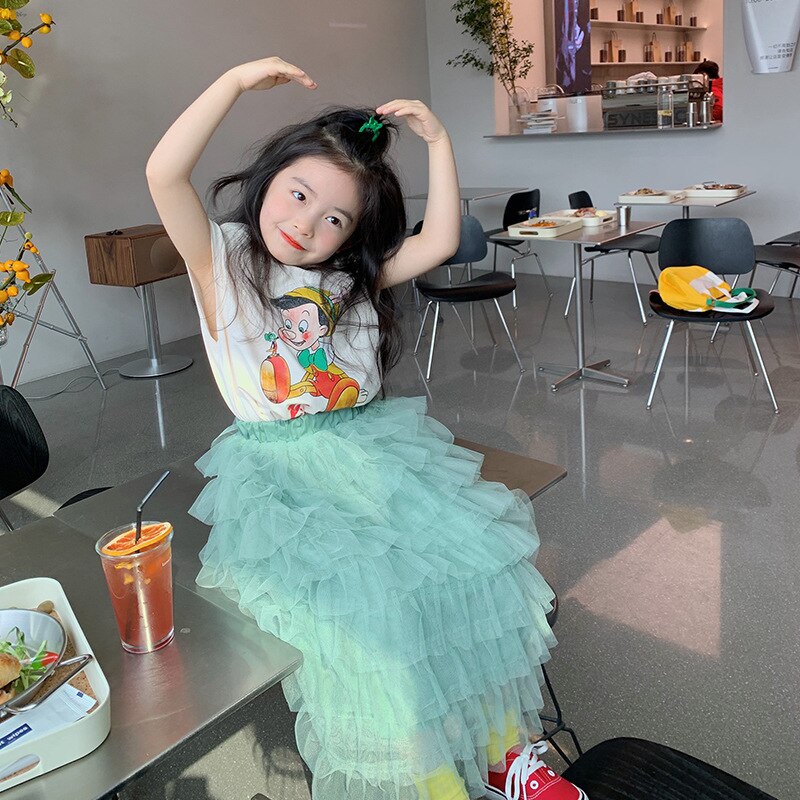 Spring Summer girls green mesh tiered skirt all-match layered skirts
